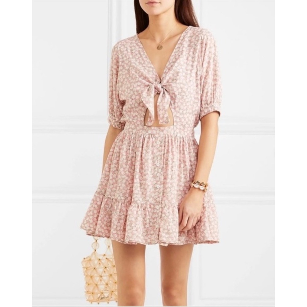 Faithfull The Brand Pink Floral Tie Front Cut Out Mini Dress Womens Small S